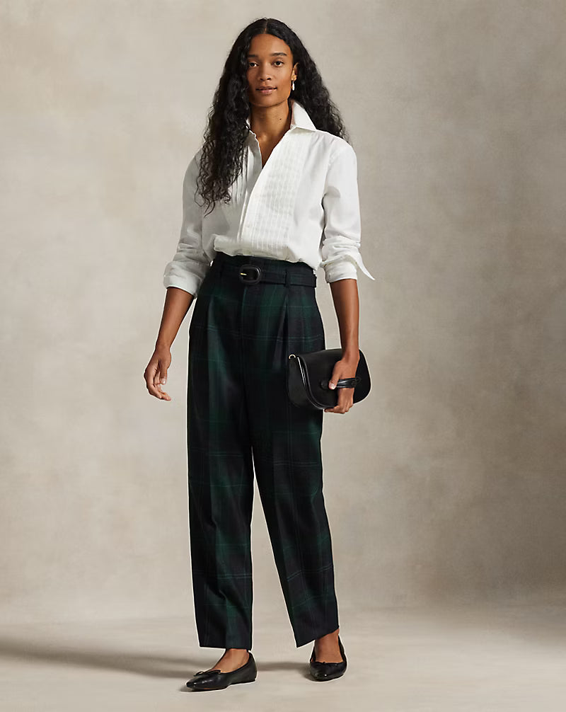 Belted Plaid Wool Pleated Tapered Pant