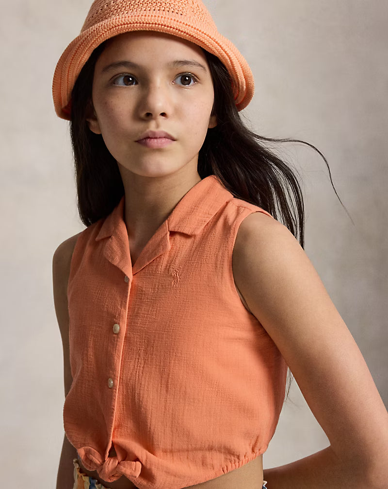Tie-Front Cotton Gauze Sleeveless Top
