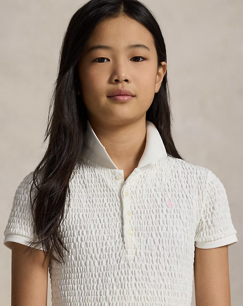 Smocked Stretch Mesh Polo Dress