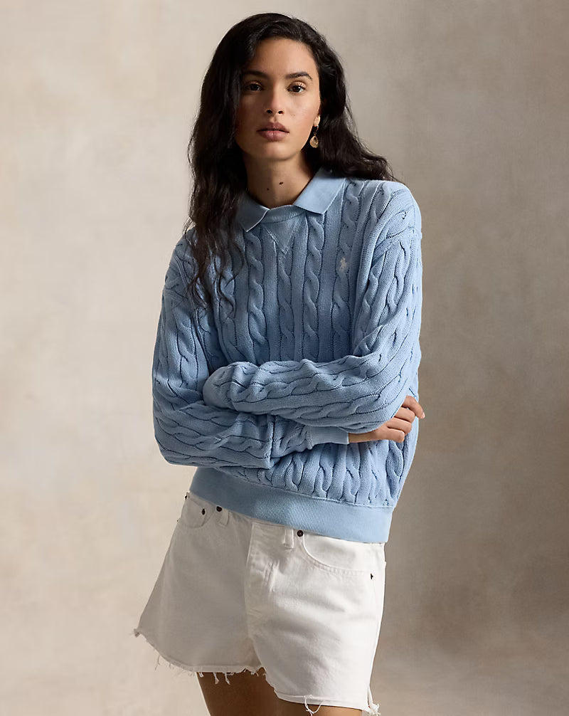 Cable-Knit Cotton Polo-Collar Sweater