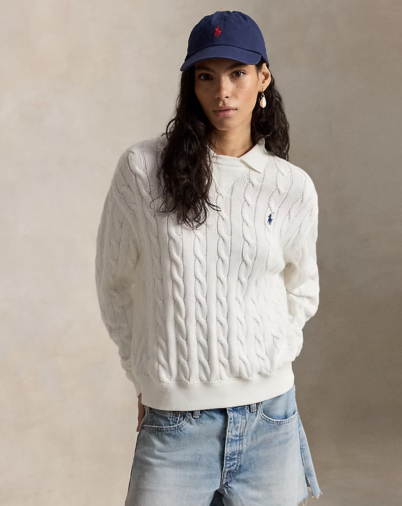 Cable-Knit Cotton Polo-Collar Sweater