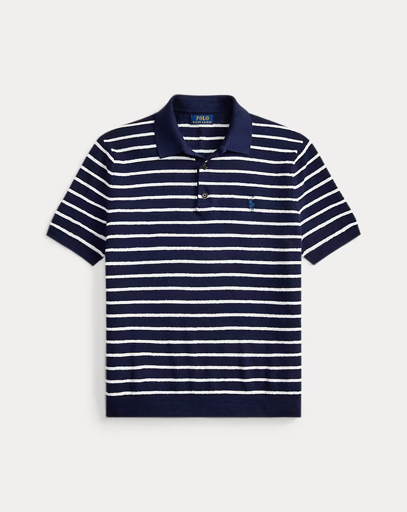 Striped Cotton-Linen Polo Sweater