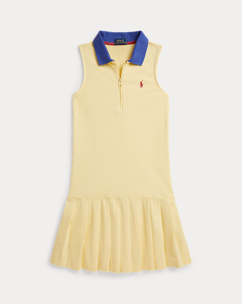 Pleated Mesh Quarter-Zip Polo Dress