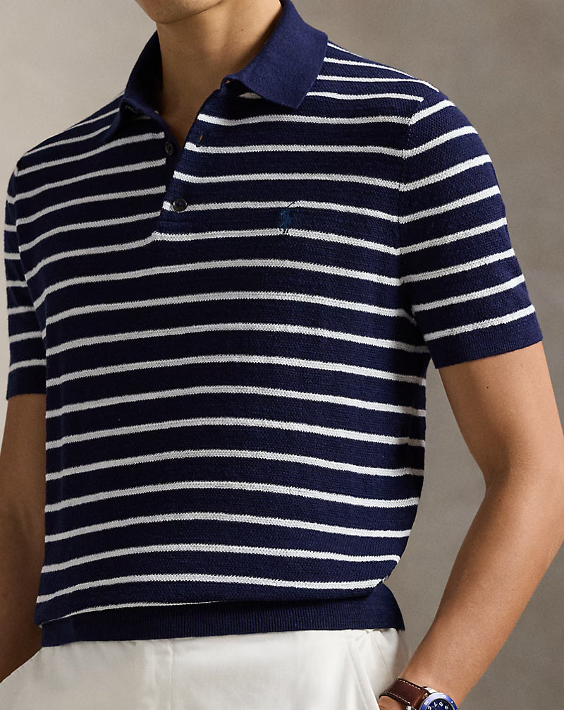 Striped Cotton-Linen Polo Sweater