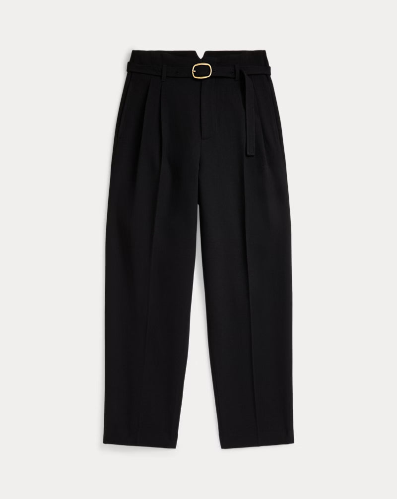 Belted Wool Pleated Tapered Pant