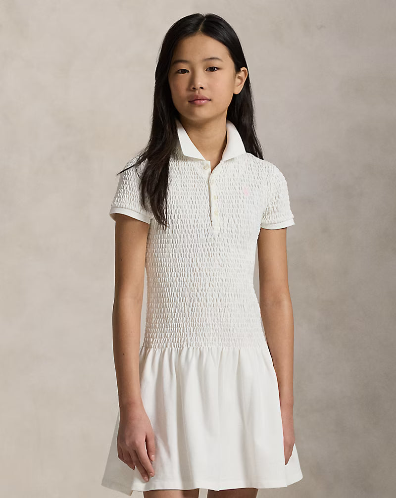 Smocked Stretch Mesh Polo Dress