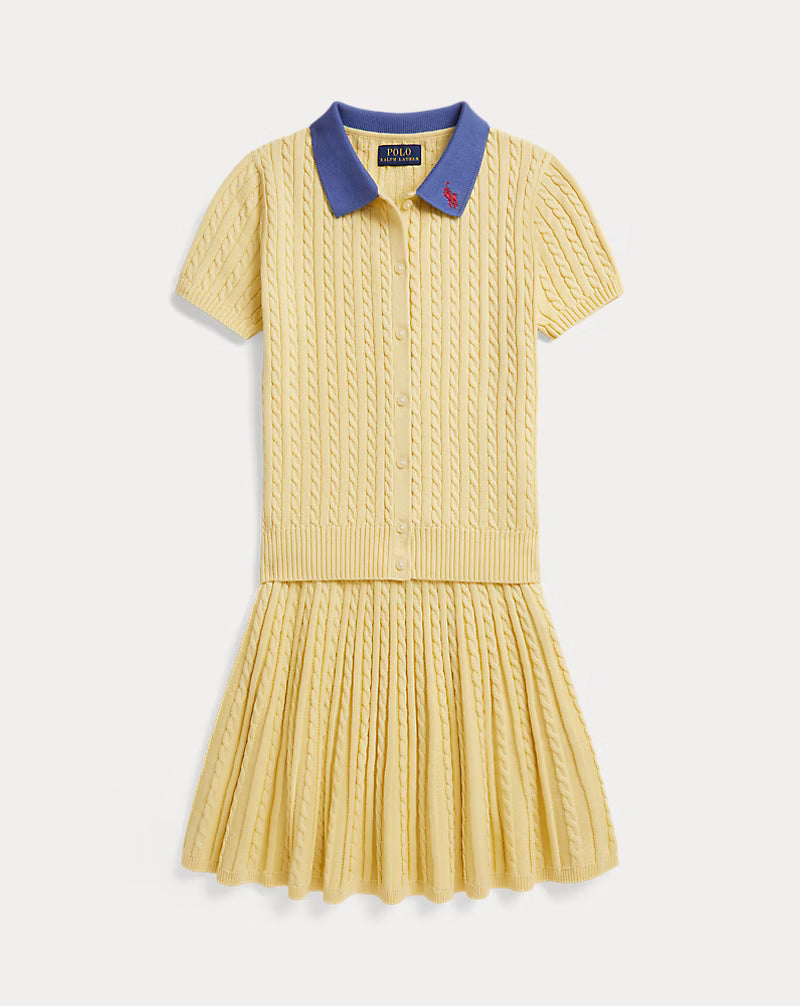 Mini-Cable Cotton Polo Cardigan & Skirt