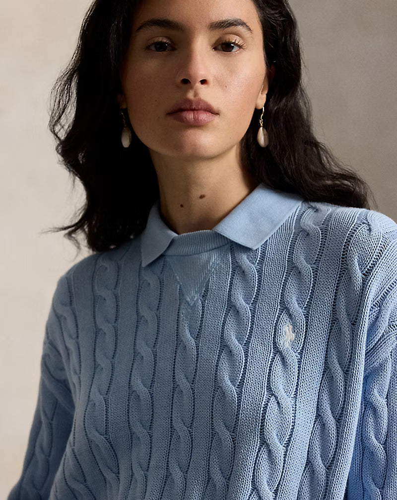 Cable-Knit Cotton Polo-Collar Sweater