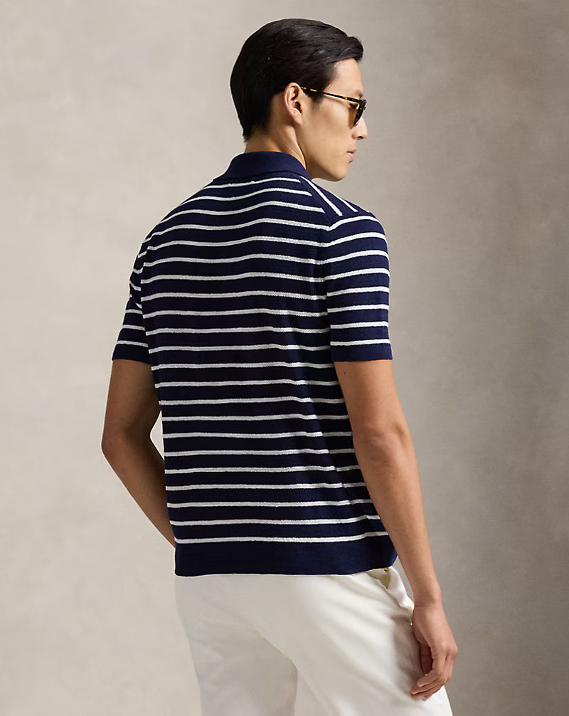 Striped Cotton-Linen Polo Sweater