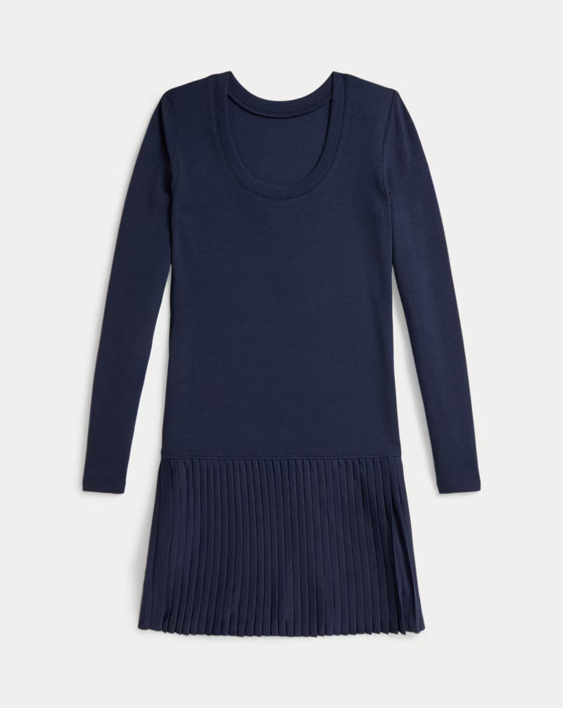 Pleated-Skirt Ribbed Dress
