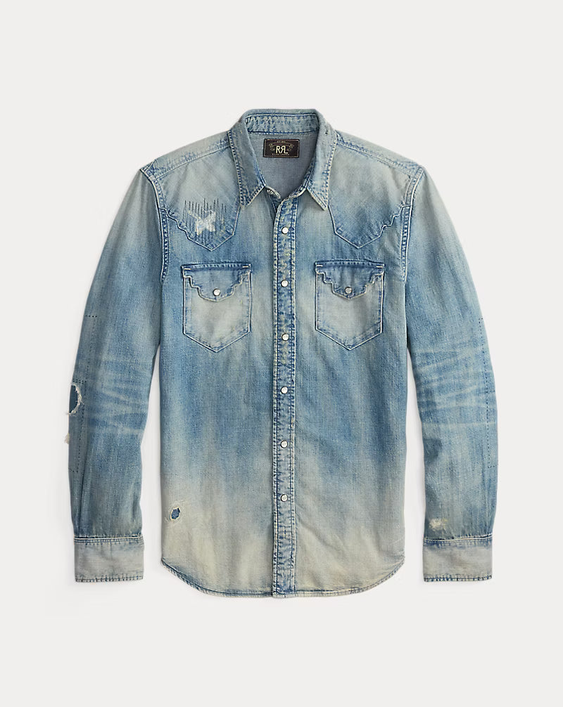 Slim Fit Repaired Denim Western Shirt