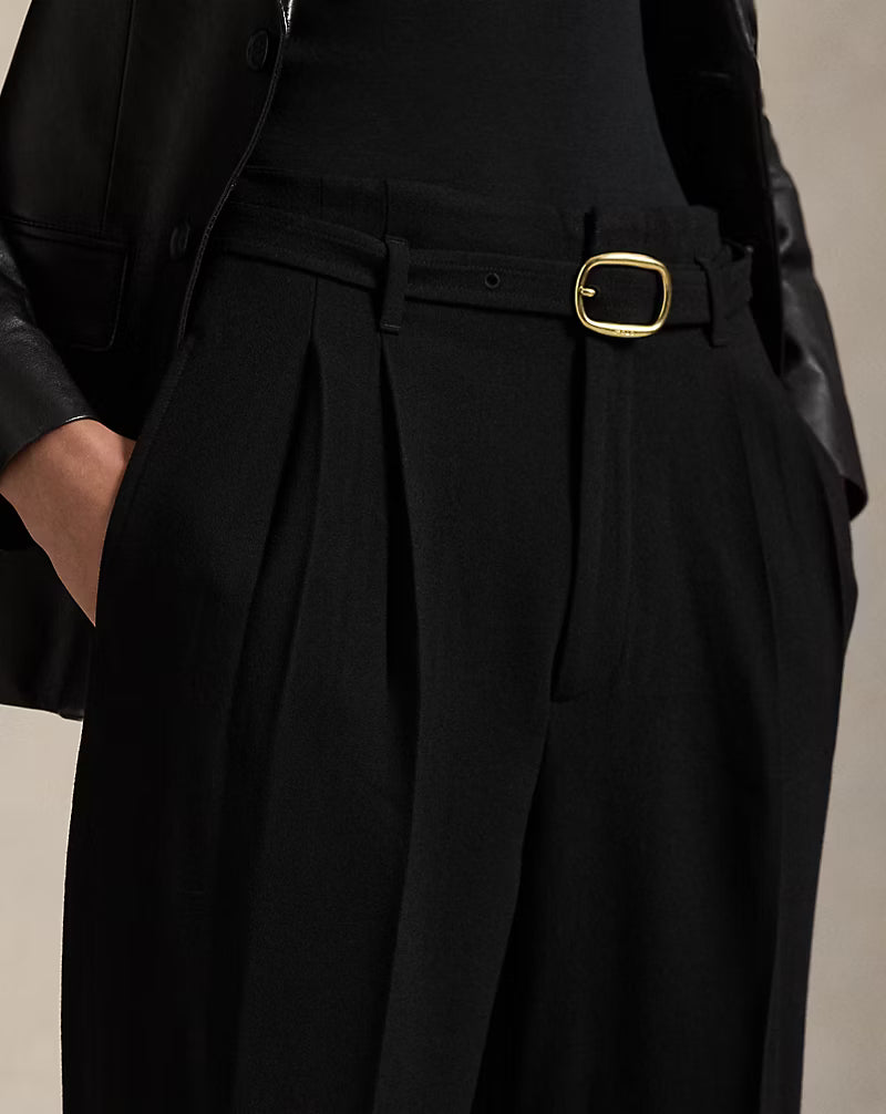 Belted Wool Pleated Tapered Pant