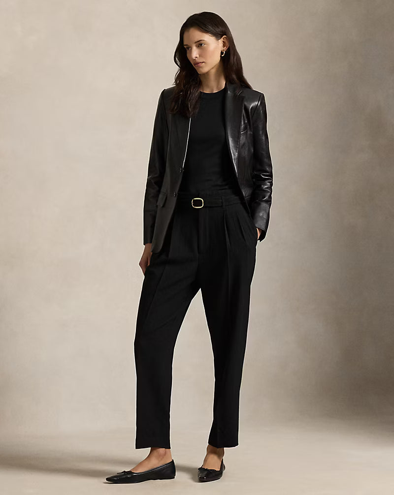 Belted Wool Pleated Tapered Pant