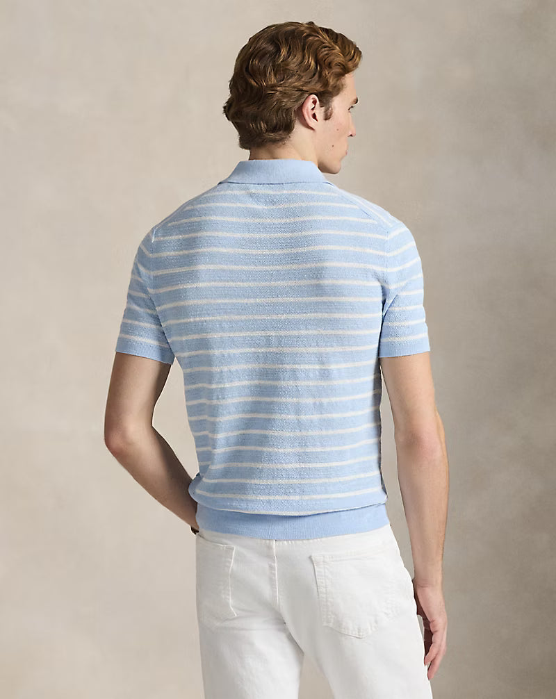 Striped Cotton-Linen Polo Sweater
