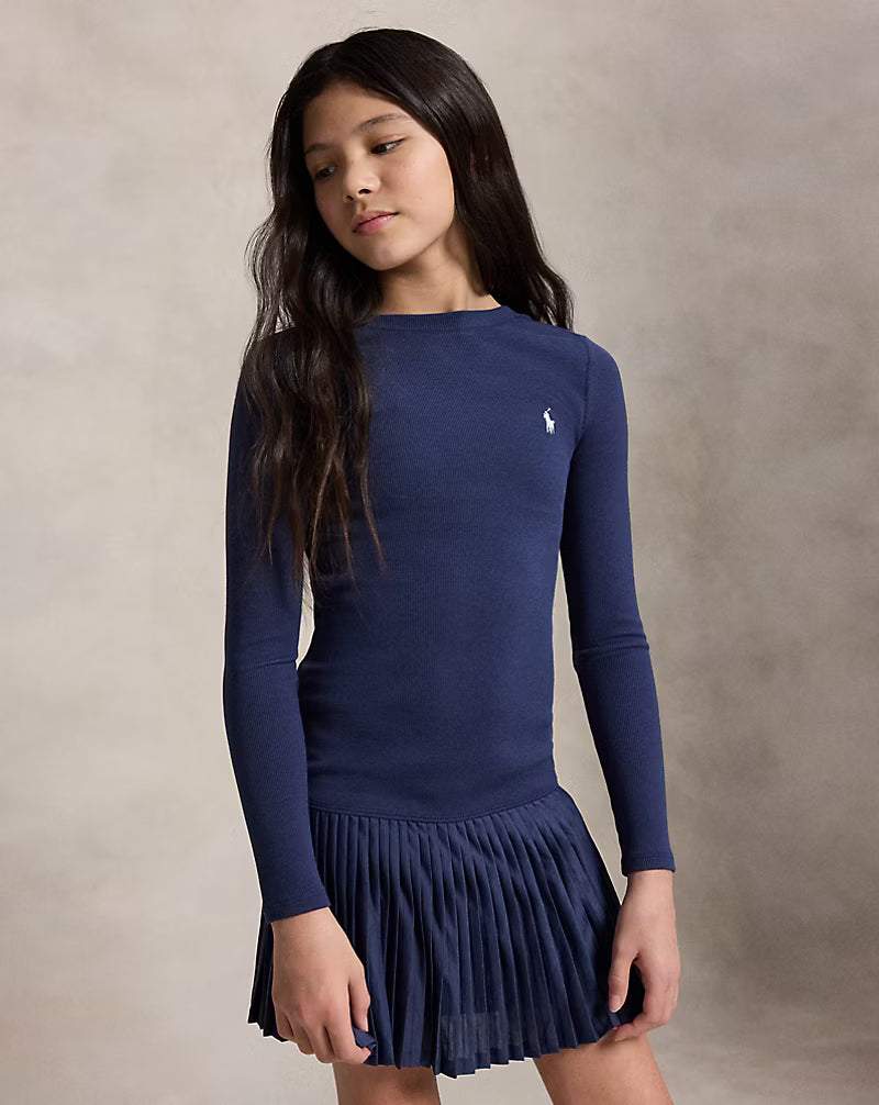 Pleated-Skirt Ribbed Dress