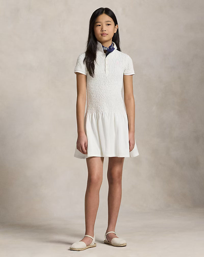 Smocked Stretch Mesh Polo Dress