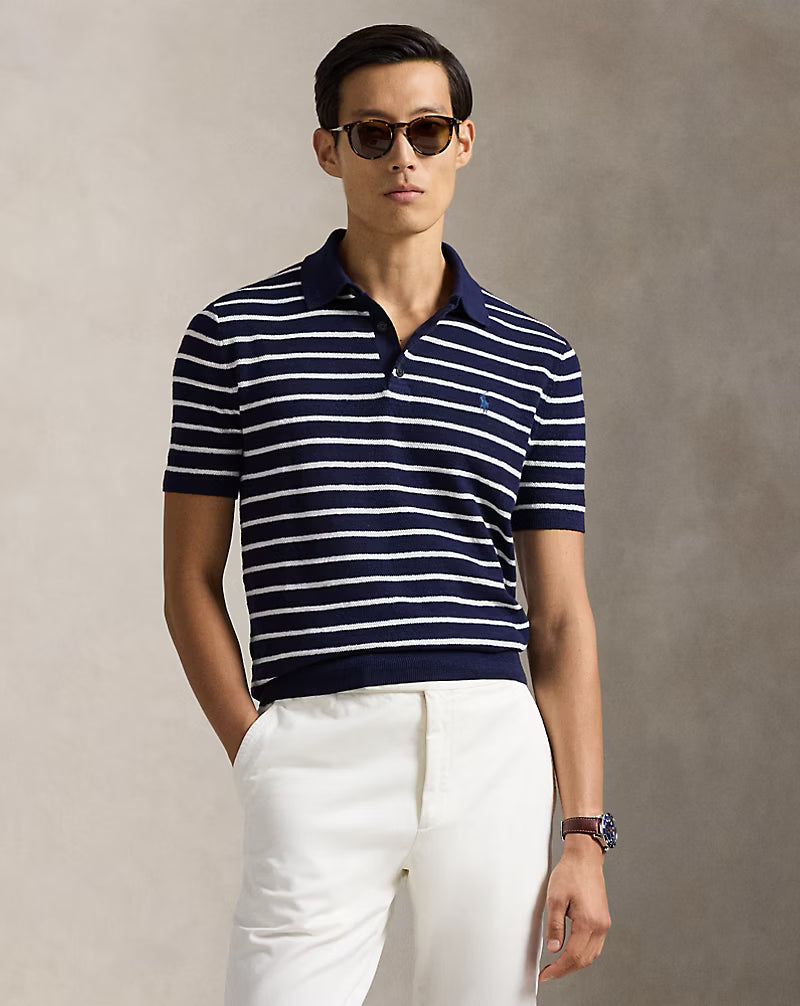 Striped Cotton-Linen Polo Sweater