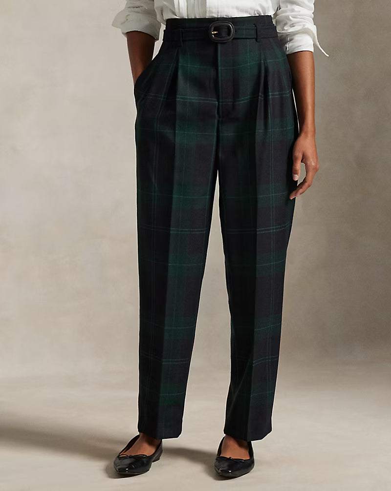 Belted Plaid Wool Pleated Tapered Pant