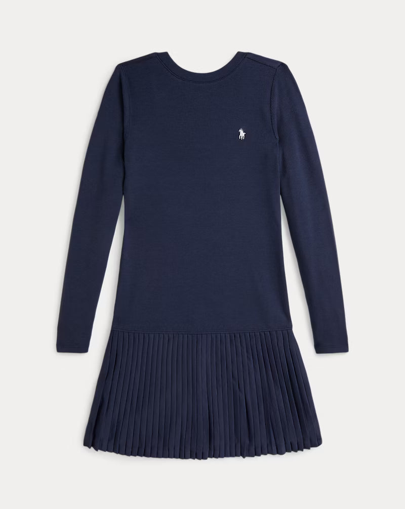 Pleated-Skirt Ribbed Dress