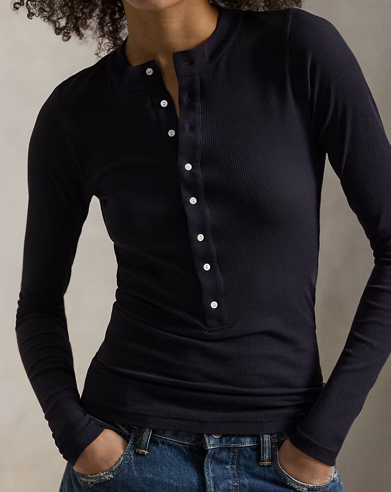 Ribbed Crepe Henley Shirt