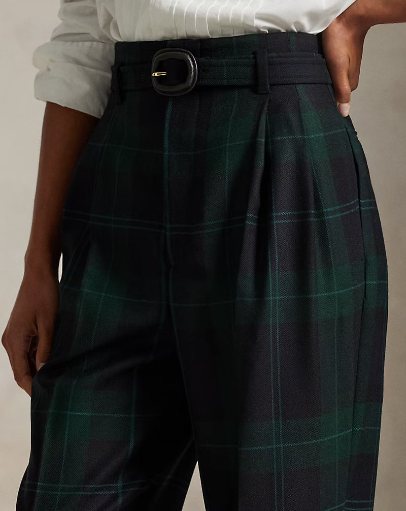 Belted Plaid Wool Pleated Tapered Pant