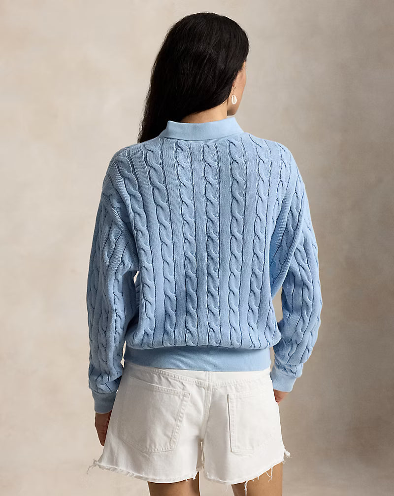 Cable-Knit Cotton Polo-Collar Sweater
