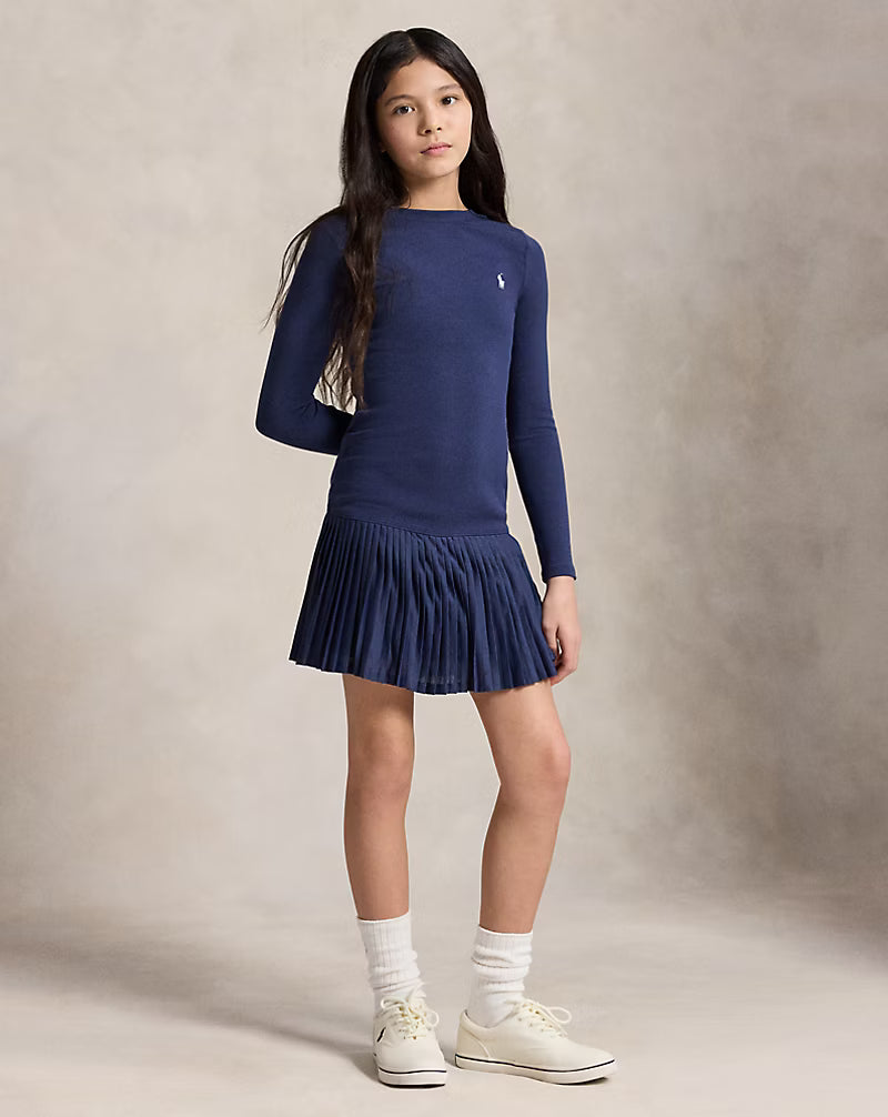 Pleated-Skirt Ribbed Dress