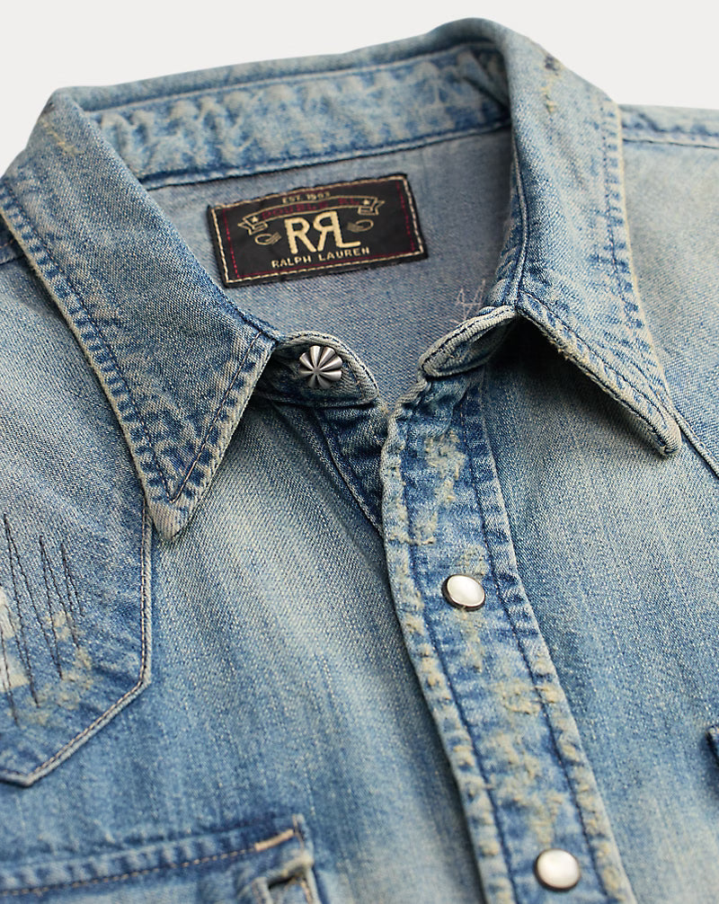 Slim Fit Repaired Denim Western Shirt