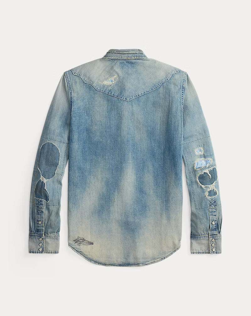 Slim Fit Repaired Denim Western Shirt